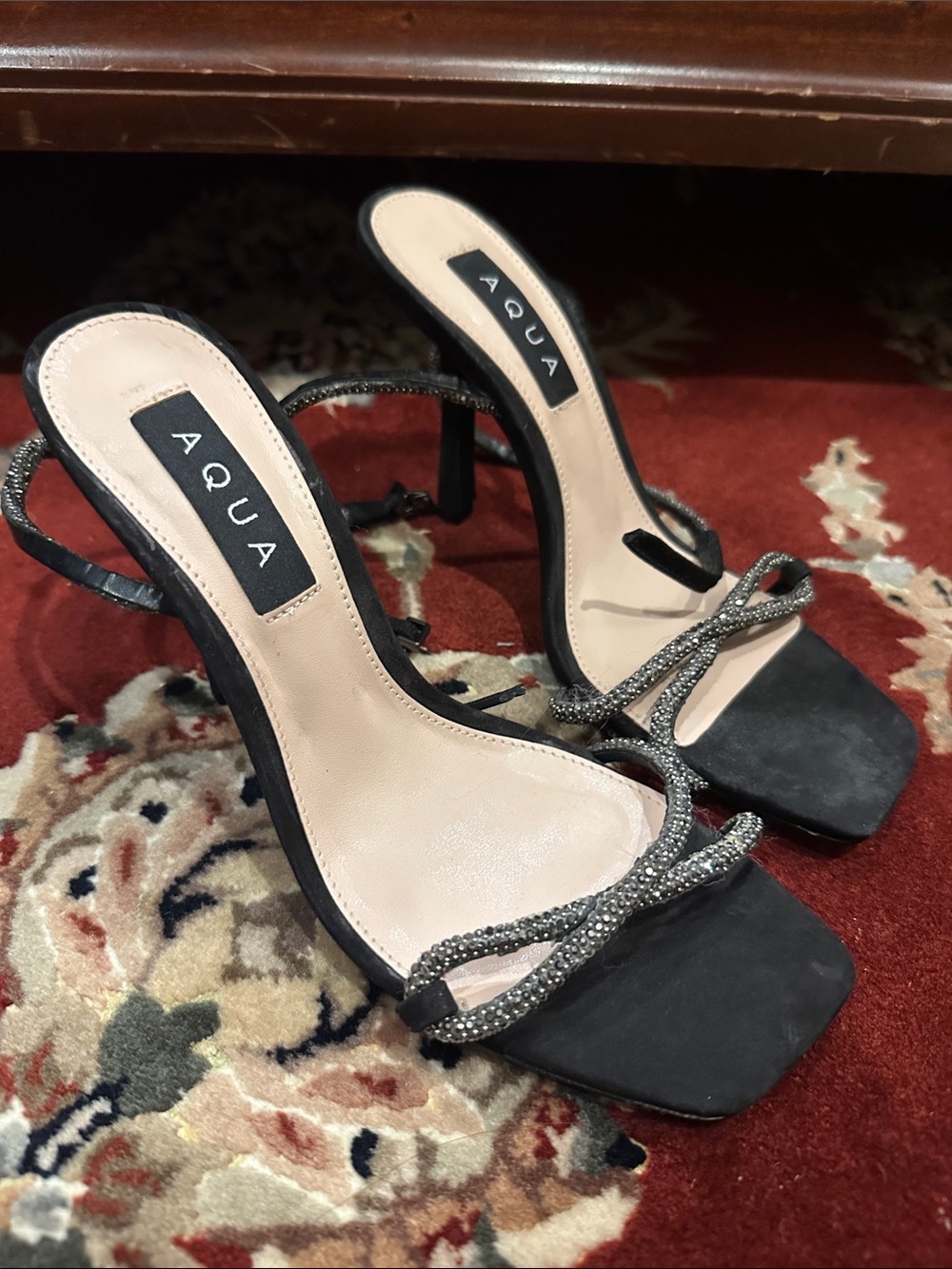 Aqua Black Rhinestone Twist Strap Heeled Sandals 7.5